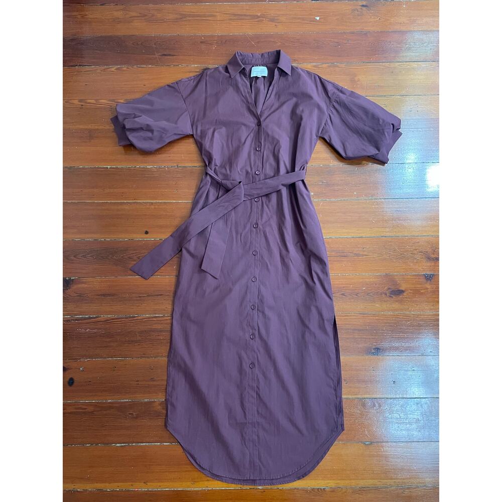 Brochu Walker XS Burgundy Maxi Shirt Dress Balloon Sleeve Belted Luxury - Picture 5 of 10